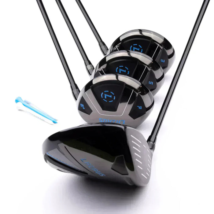 Set of Lazarus golf clubs with a tee placed beside them