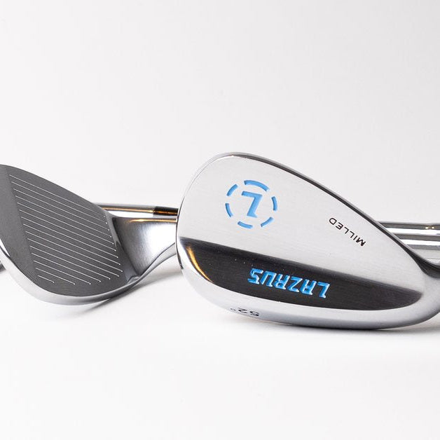 Three Lazrus wedges on a white background with the grooved faces visible, for a guide on how to put backspin on a golf ball