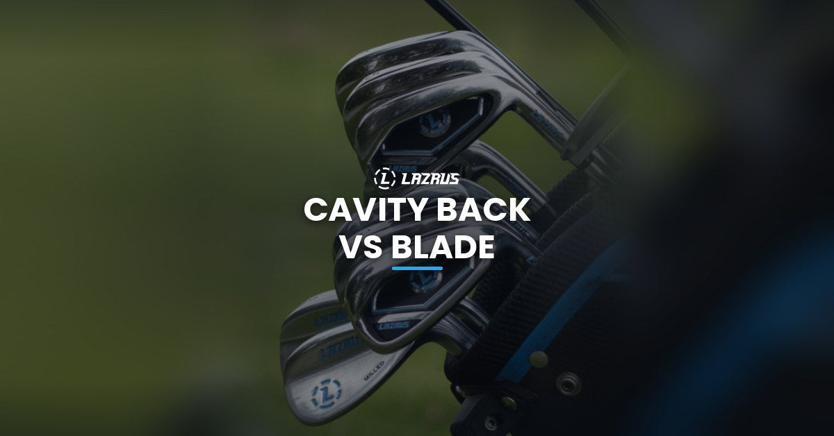 Set of Lazrus irons in a golf bag on a course, for a comparison of cavity back vs blade irons
