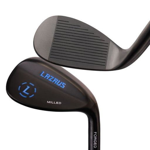 Two Lazrus forged wedges in black finish showing head and face views