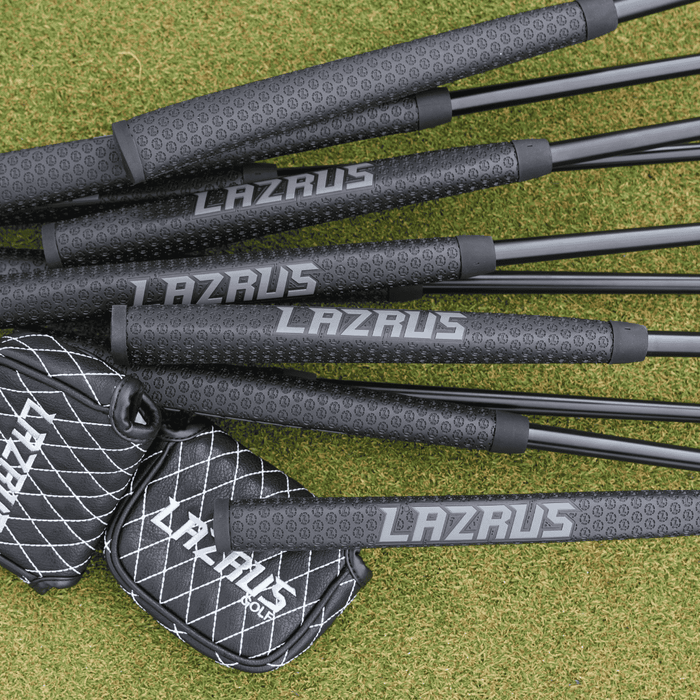 Lazrus LAZ2 zero torque mallet grips in Black finish showing front view with the Lazrus logo embossed & Lazrus gray & black headcovers