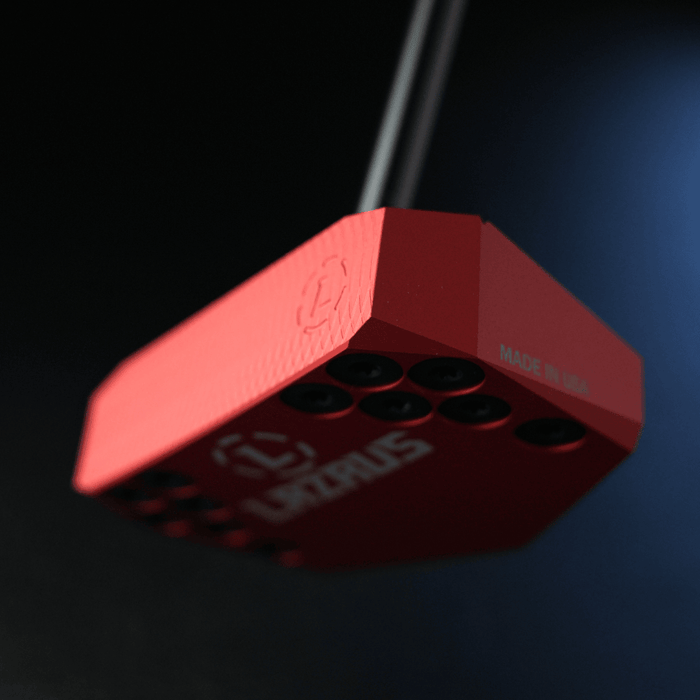 Lazrus LAZ2.5 zero torque mallet putter in Red finish showing alignment looking down the milled face